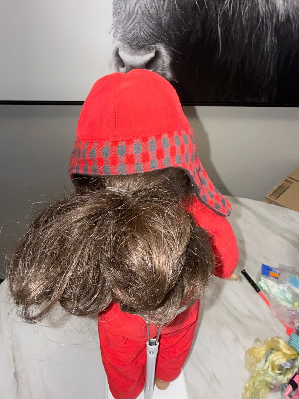 American Girl red snow suite & matching hat with plaid interior Molly’s collecti